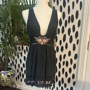 *SOLD* Free People Black Mini Dress with Floral Embroidery